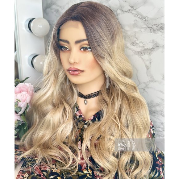 Dark Roots Creamy Blonde Natural Ombre Wavy Lace Front Wig | Virginia - Picture 5 of 13